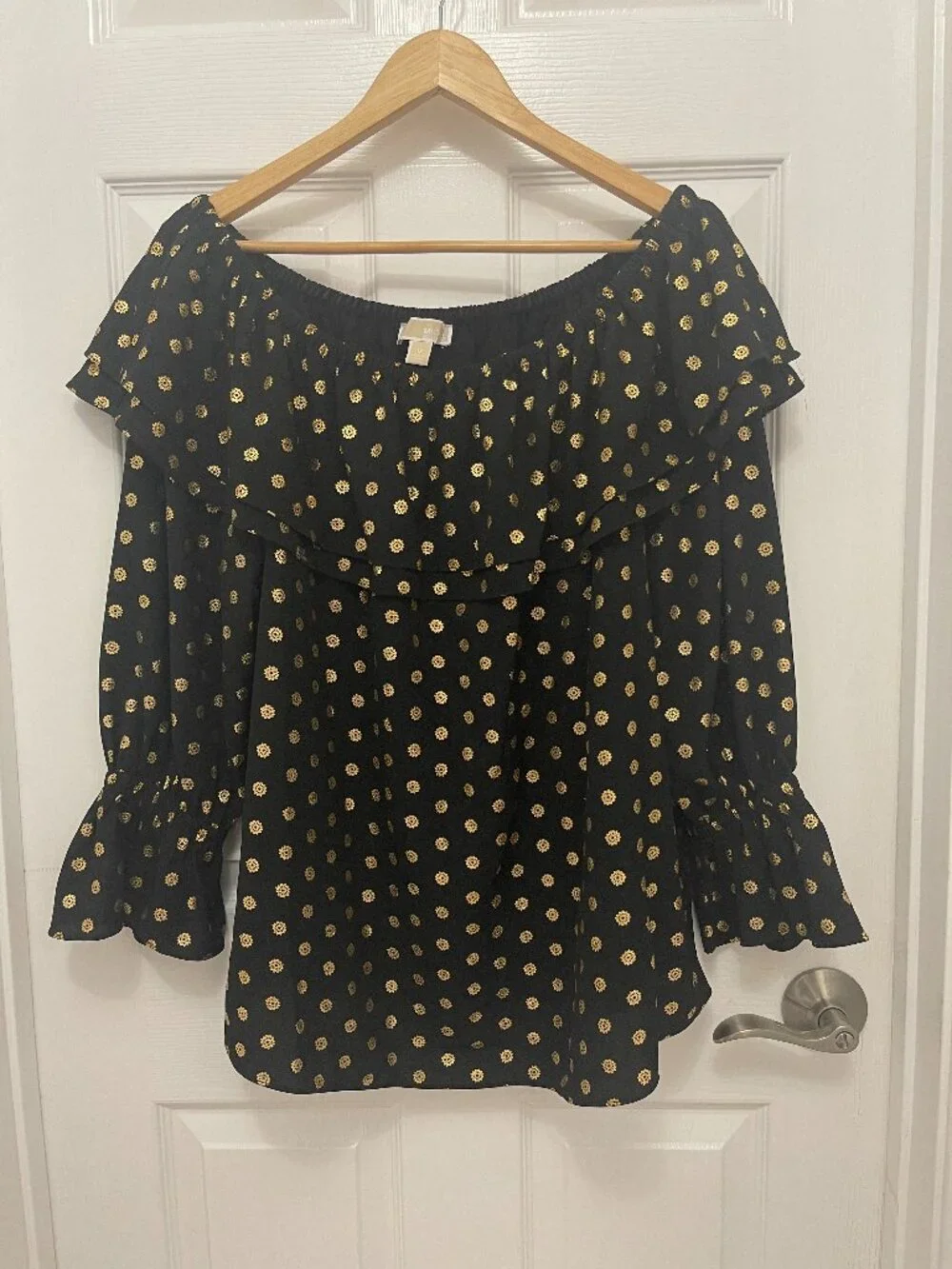 Michael Kors Black & Gold Foil Metallic Dot Off-The-Shoulder Blouse Plus Size 1X